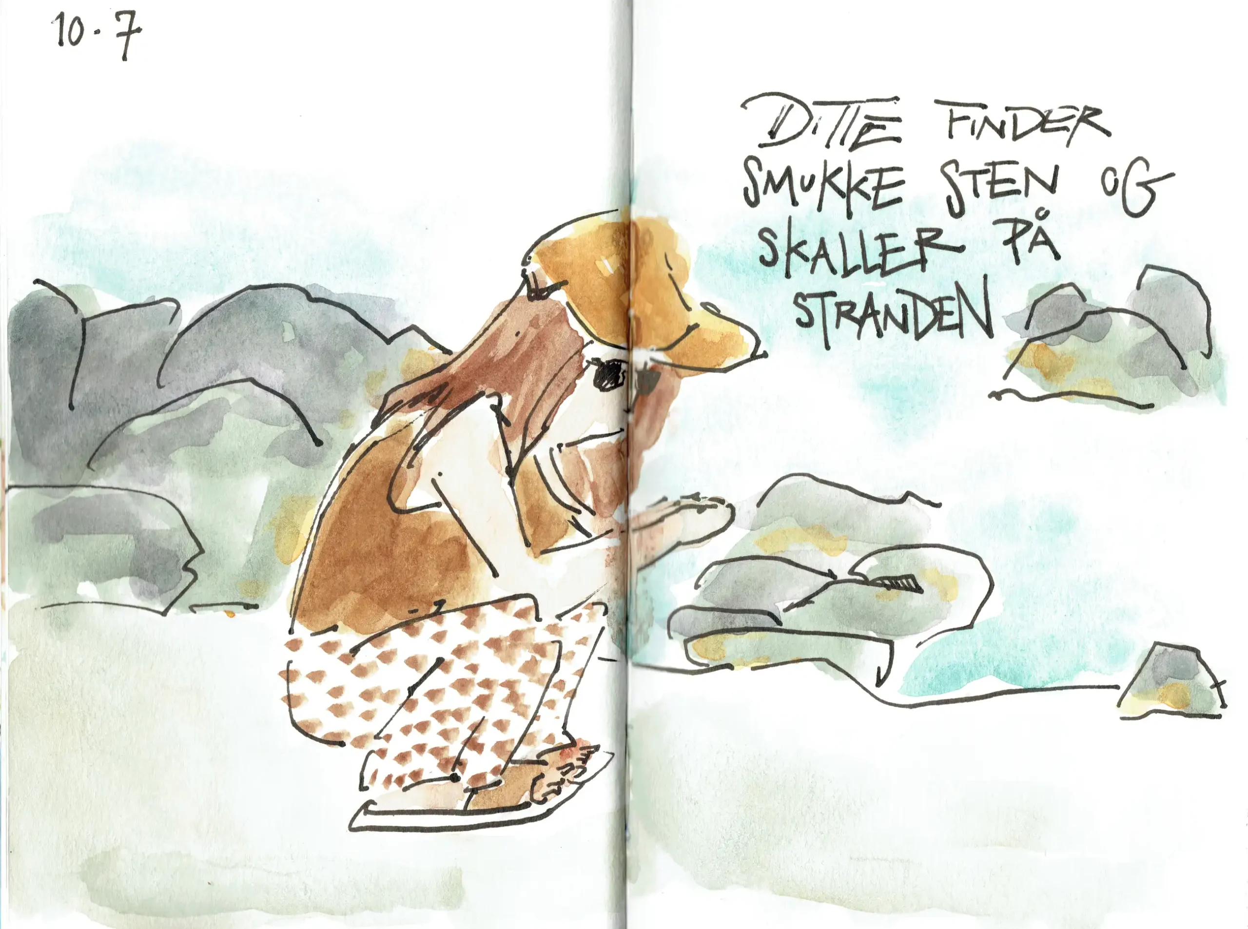 Et billede i blæk og akvarel, af en aftentur til stranden. Ditte finder skaller og sten, mens jeg tegner