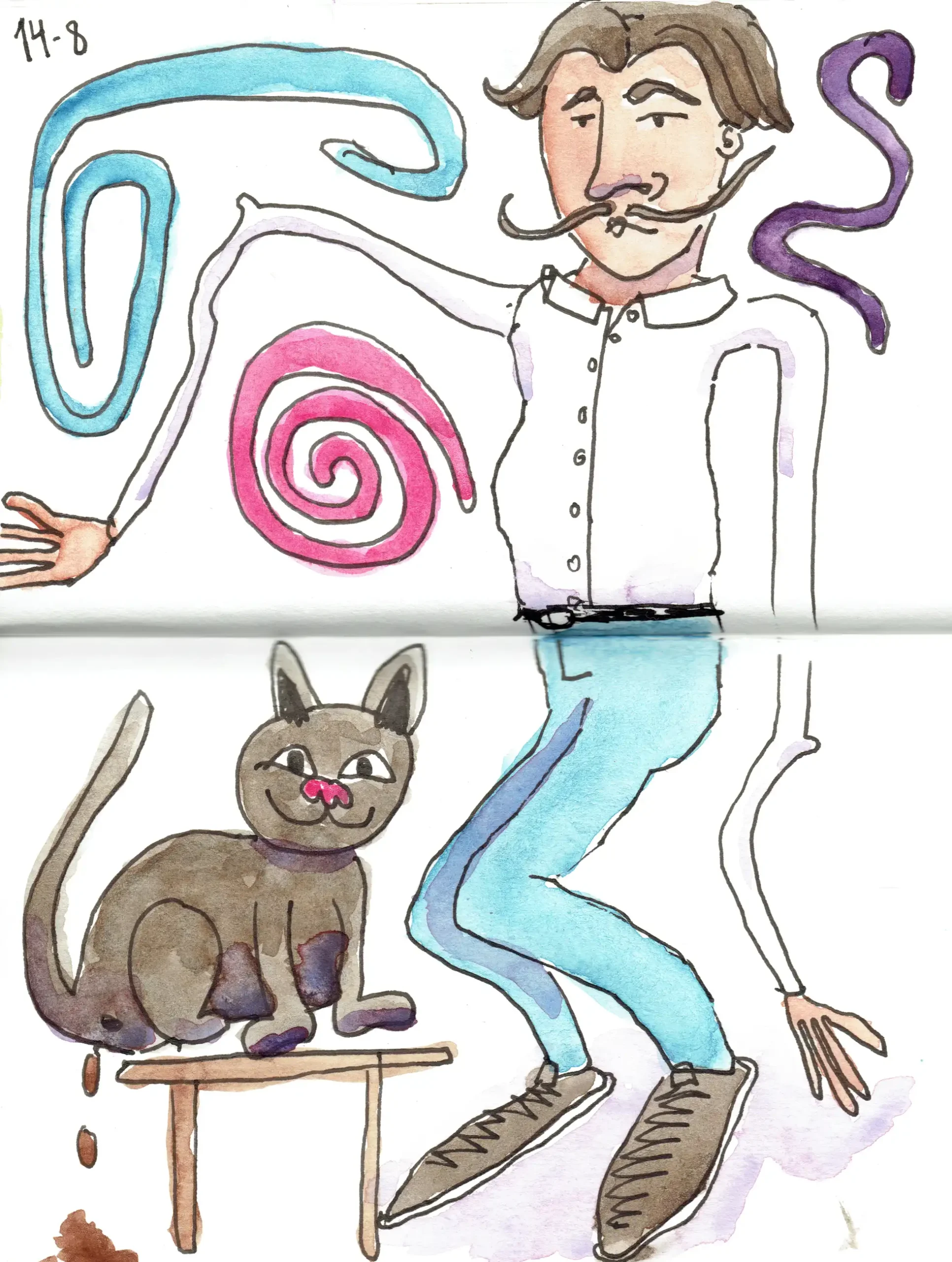 Et billed ei blæk og akvarel, af mand og en kat der skider på gulvet.