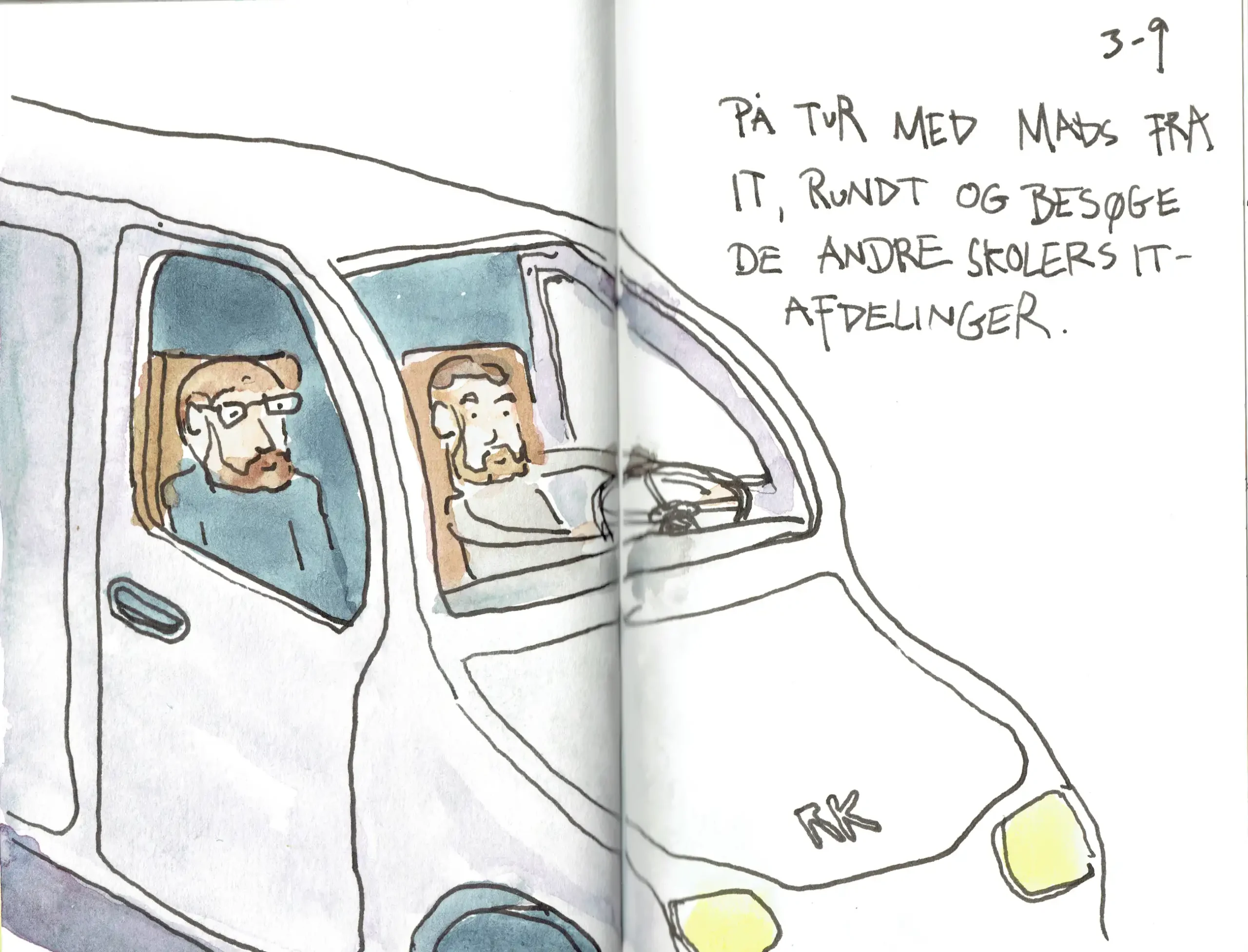 Billede i blæk og akvarel, af mig og min kollega, som er ude at køre.