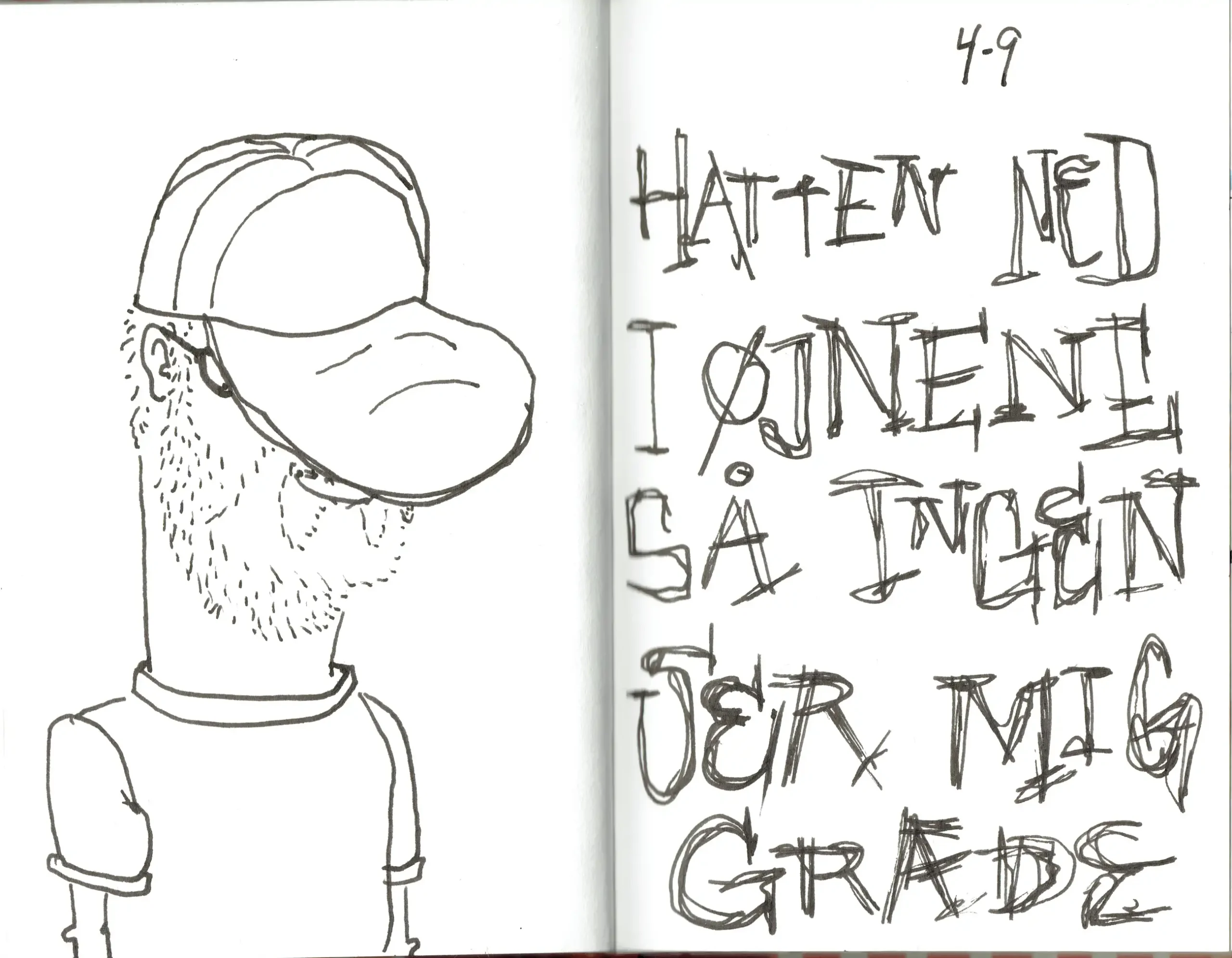 En tegning af mig i blæk, med kasketten nede i øjnene, så man ikke kan se mine tårer