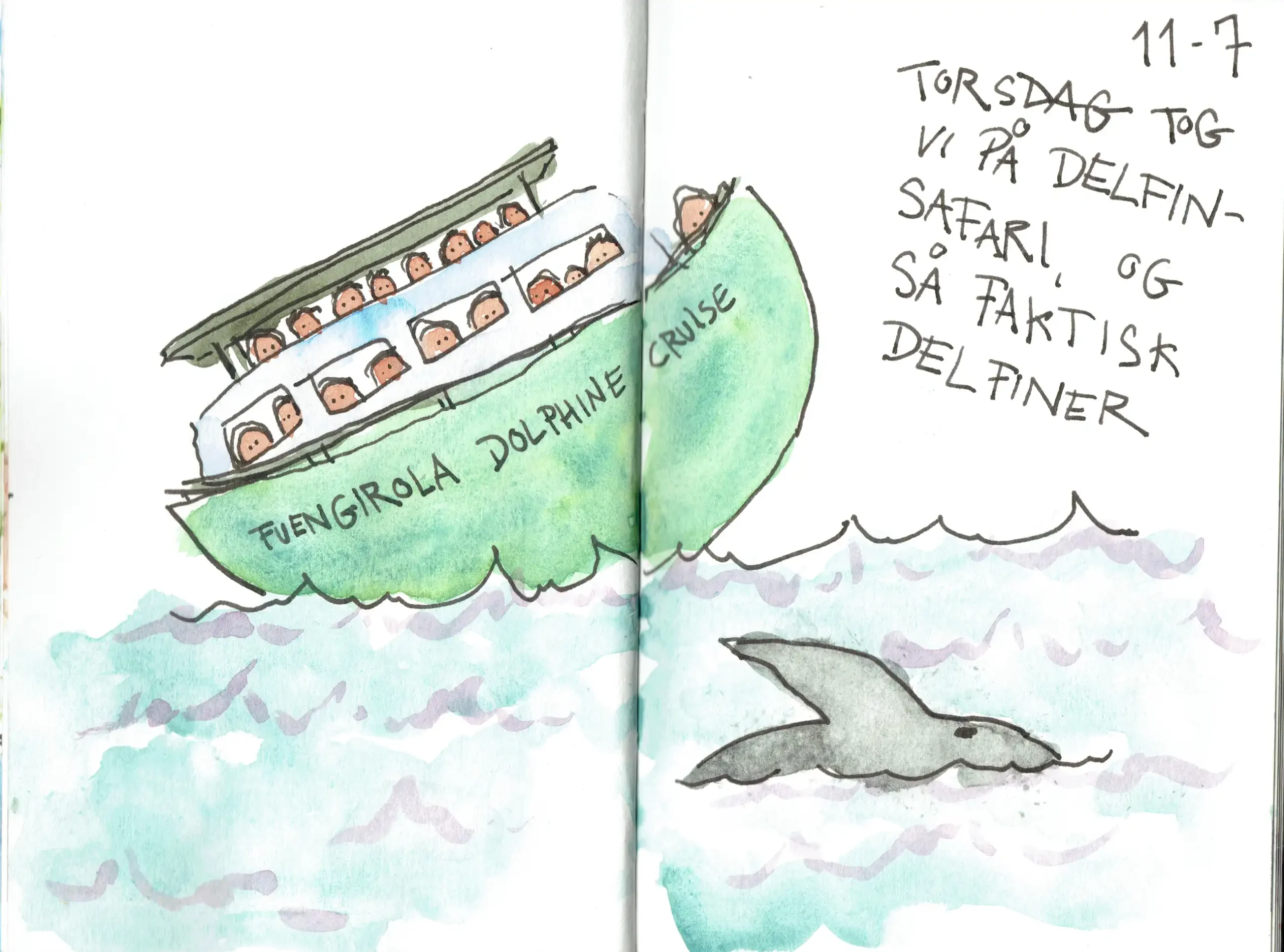 Er billede i blæk og akvarel, af en båd, fyldt med mennesker, som kigger på en delfin ude i vandet.